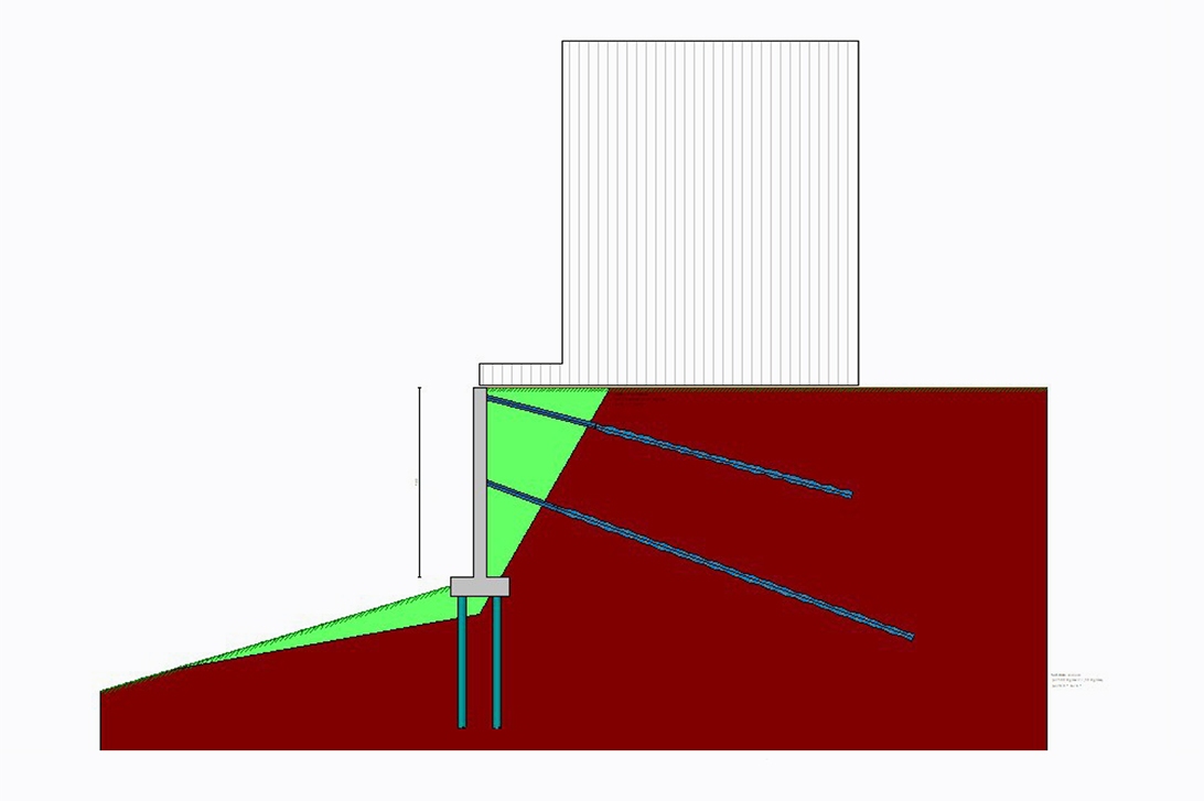 Sezione di progetto: muro su pali tirantati per stabilizzare versante e strada.